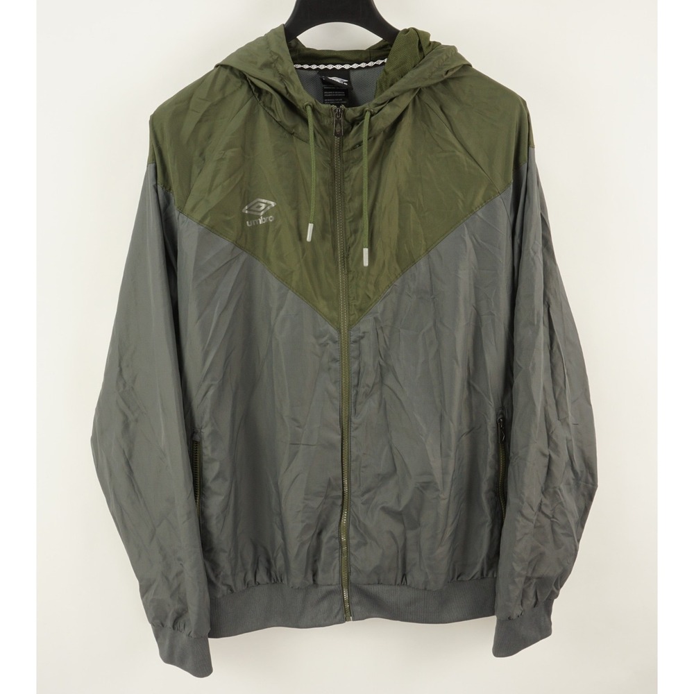 UMBRO Full Zip Windbreaker Track Jacket Mens 2XL Gray Green Rip Stop‎ Hooded